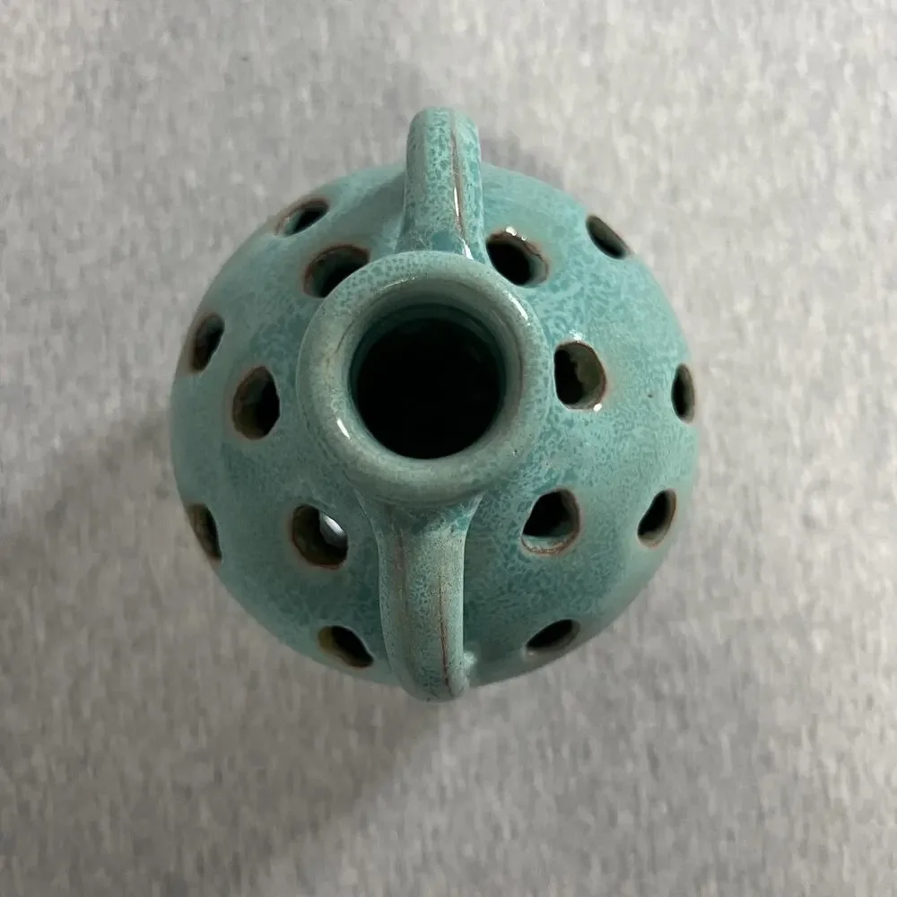 Vintage Turquoise Pottery Pansy Pot Vase Flower Frog Double‎ Handle Jug Handmade